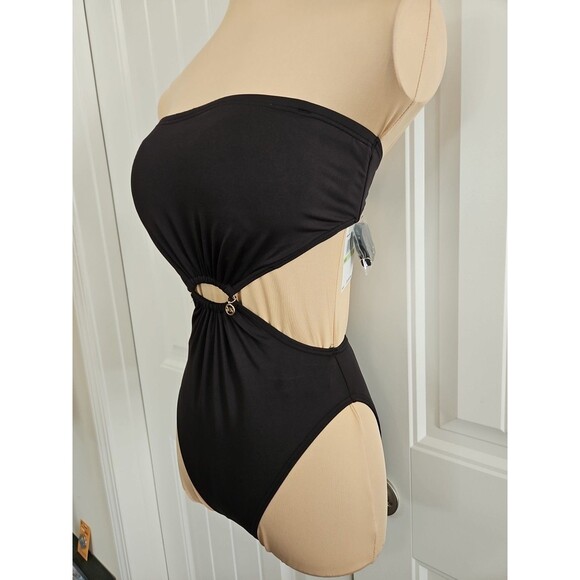 MICHAEL KORS BLACK OPEN SIDES ONE PIECE SWIMSUIT 8 Optional Straps Bandeau Pads - Picture 2 of 12